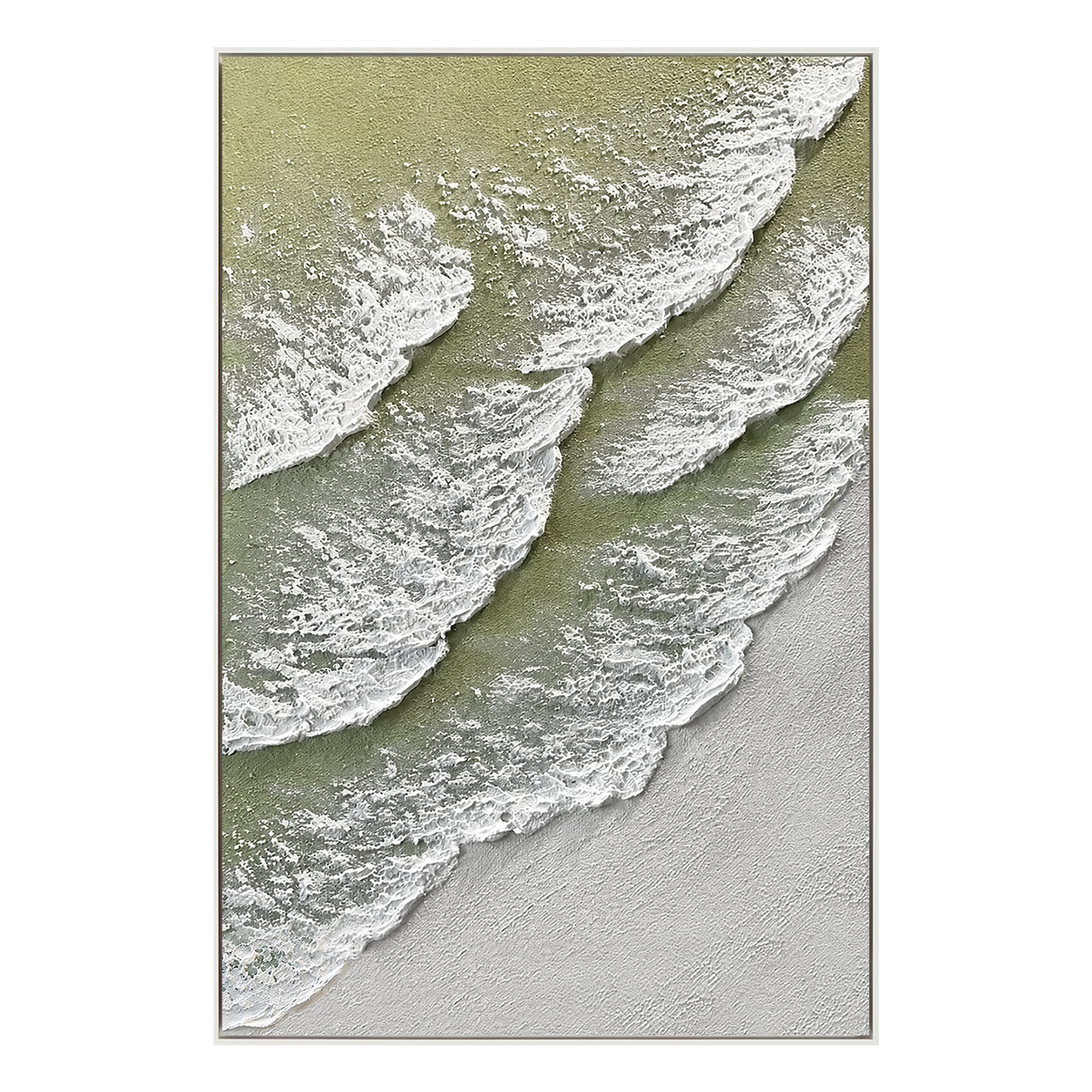 "Romantic Tides"—A Minimalist Coastal Acrylic Painting with Sage Green Textured Waves