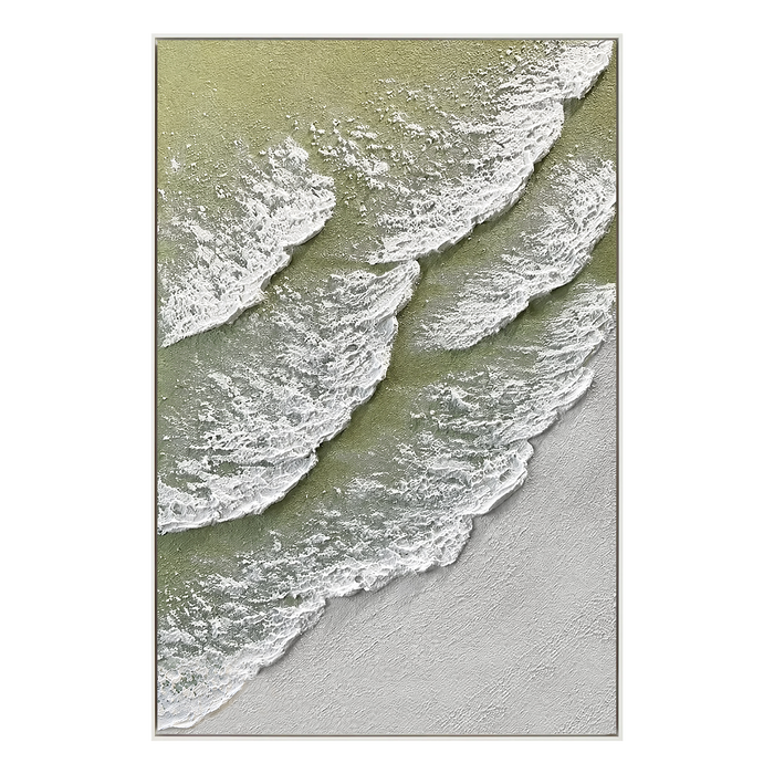 "Romantic Tides"—A Minimalist Coastal Acrylic Painting with Sage Green Textured Waves