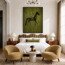 "The Mosaic Cavalier" – Whimsical Olive Green Equestrian Modern Oil Painting