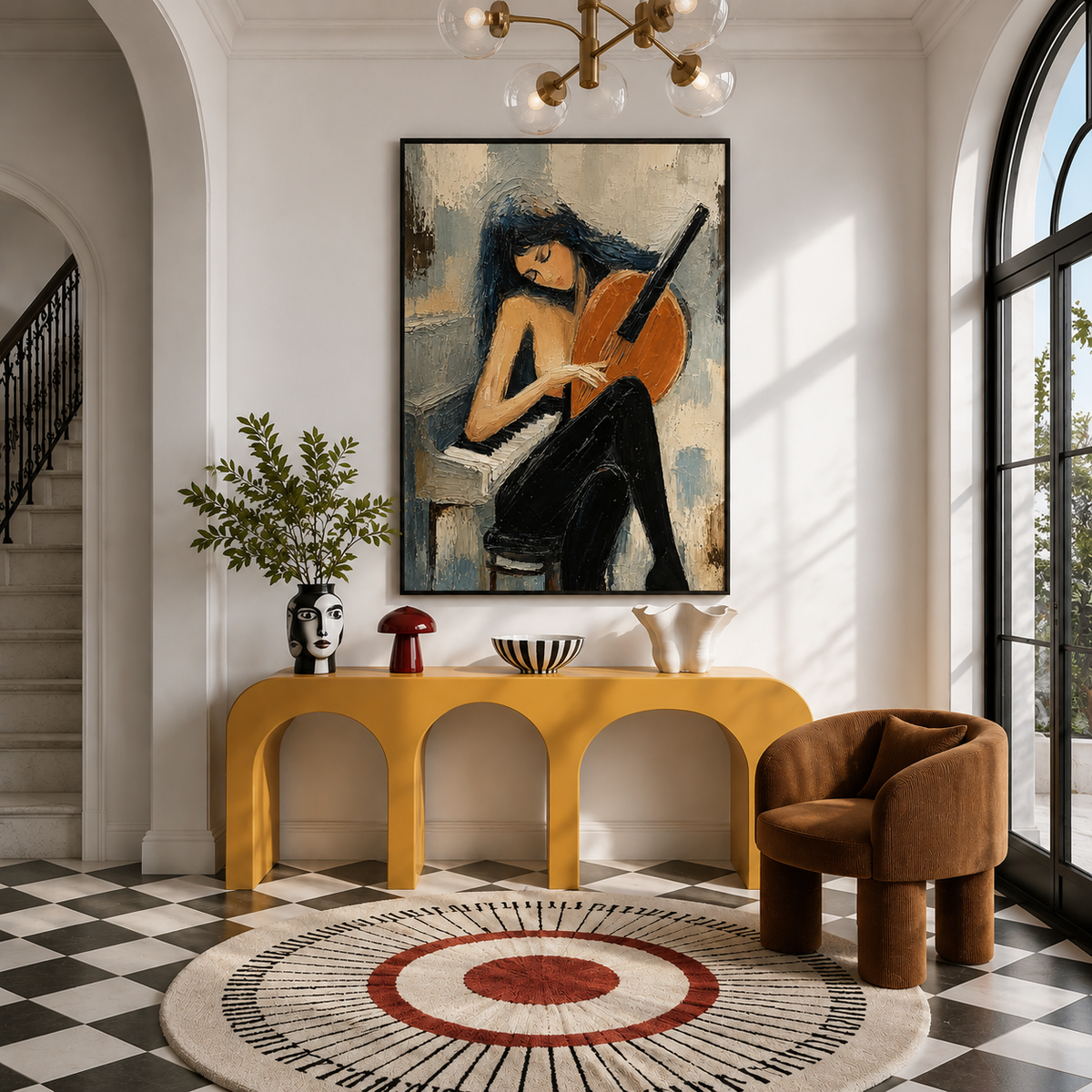 "Lyrical Solitude" – Figurative Musician Slate Blue Impasto Oil Painting