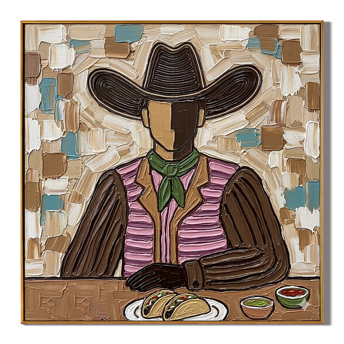 "Taco Cowboy" – Vintage Mexican Cowboy Textured Oil Painting