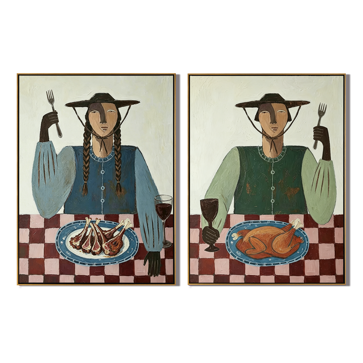 “The Rustic Feast” – Folk Art Dining Portrait Oil Painting Set