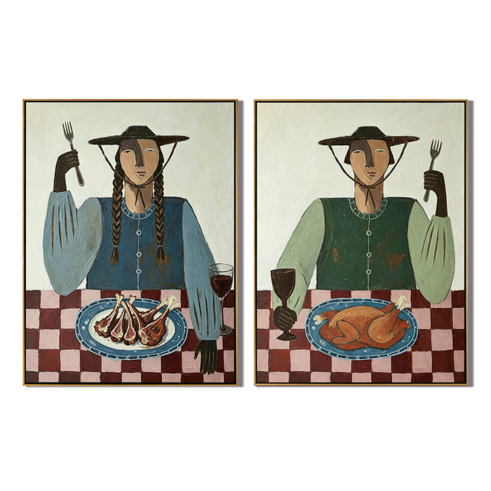 “The Rustic Feast” – Folk Art Dining Portrait Oil Painting Set