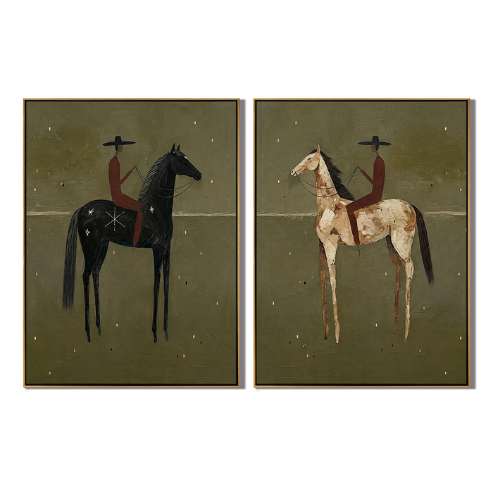 "Twilight Riders of the Frontier" – Western Desert Diptych Oil Painting Set