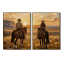 "Golden Horizon Companions" – Western Cowboy & Cowgirl Sunset Diptych Oil Painting