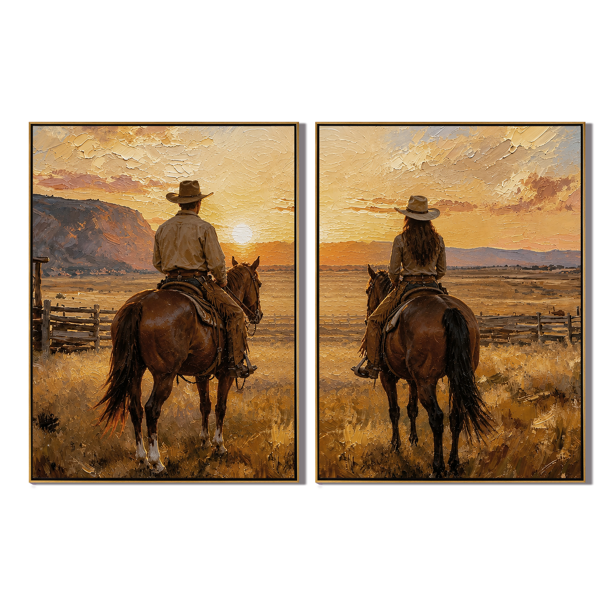 "Golden Horizon Companions" – Western Cowboy & Cowgirl Sunset Diptych Oil Painting