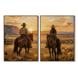 "Golden Horizon Companions" – Western Cowboy & Cowgirl Sunset Diptych Oil Painting