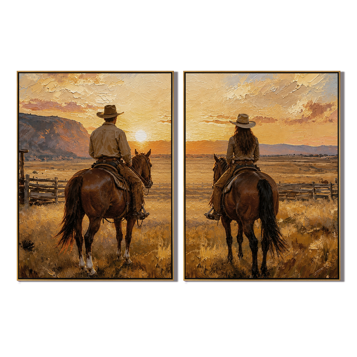 "Golden Horizon Companions" – Western Cowboy & Cowgirl Sunset Diptych Oil Painting
