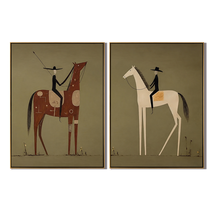“Prairie Pilgrims” – Primitive Equestrian Oil Painting Set
