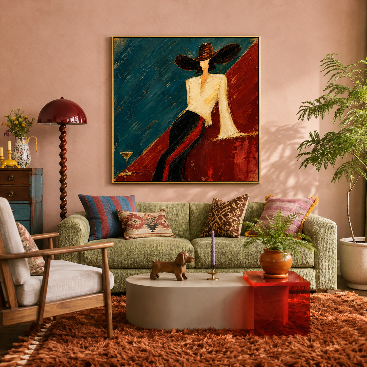 "Azure Noir" – Textured Chic Figure with Hat Palette Knife Oil Painting