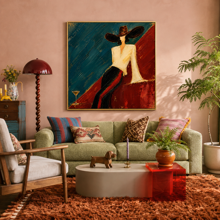 "Azure Noir" – Textured Chic Figure with Hat Palette Knife Oil Painting