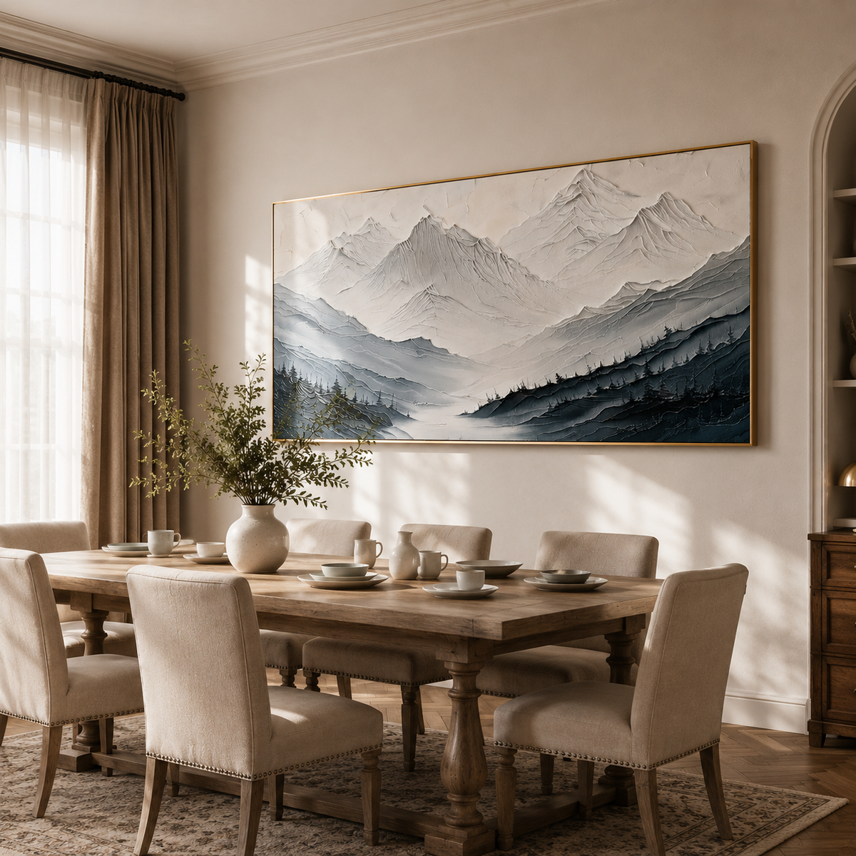 "Ascension to Serenity" – Modern White and Grey Textured Mountain Impasto Painting