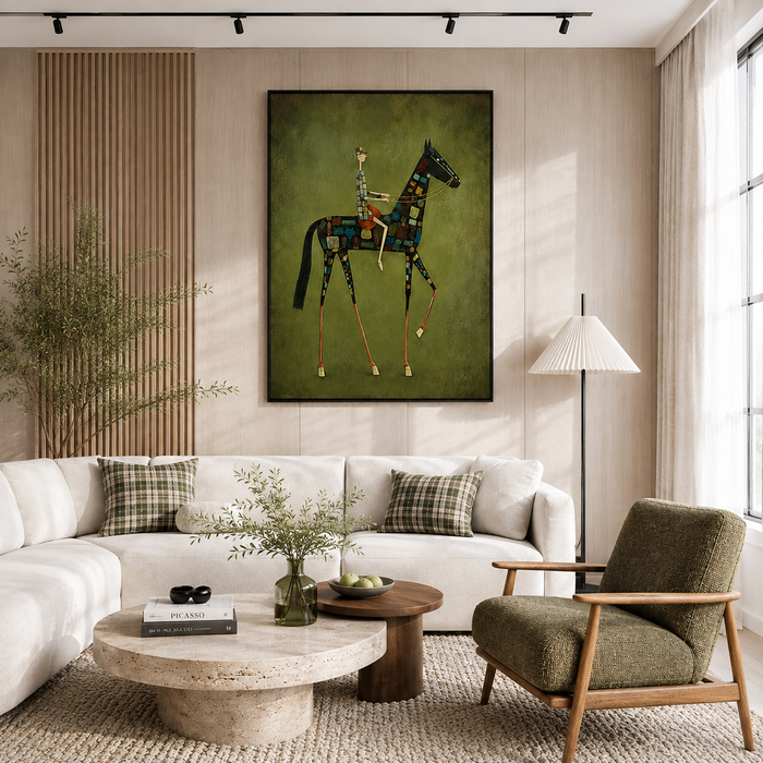 "The Mosaic Cavalier" – Whimsical Olive Green Equestrian Modern Oil Painting