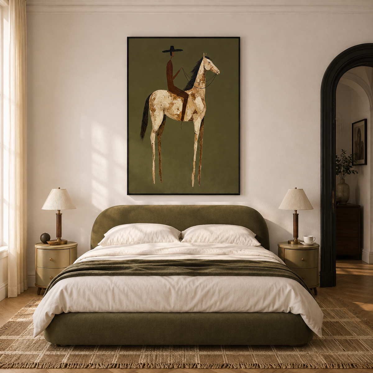 "Desert Solitude" – Elongated Western Rider Textured Olive Canvas Art