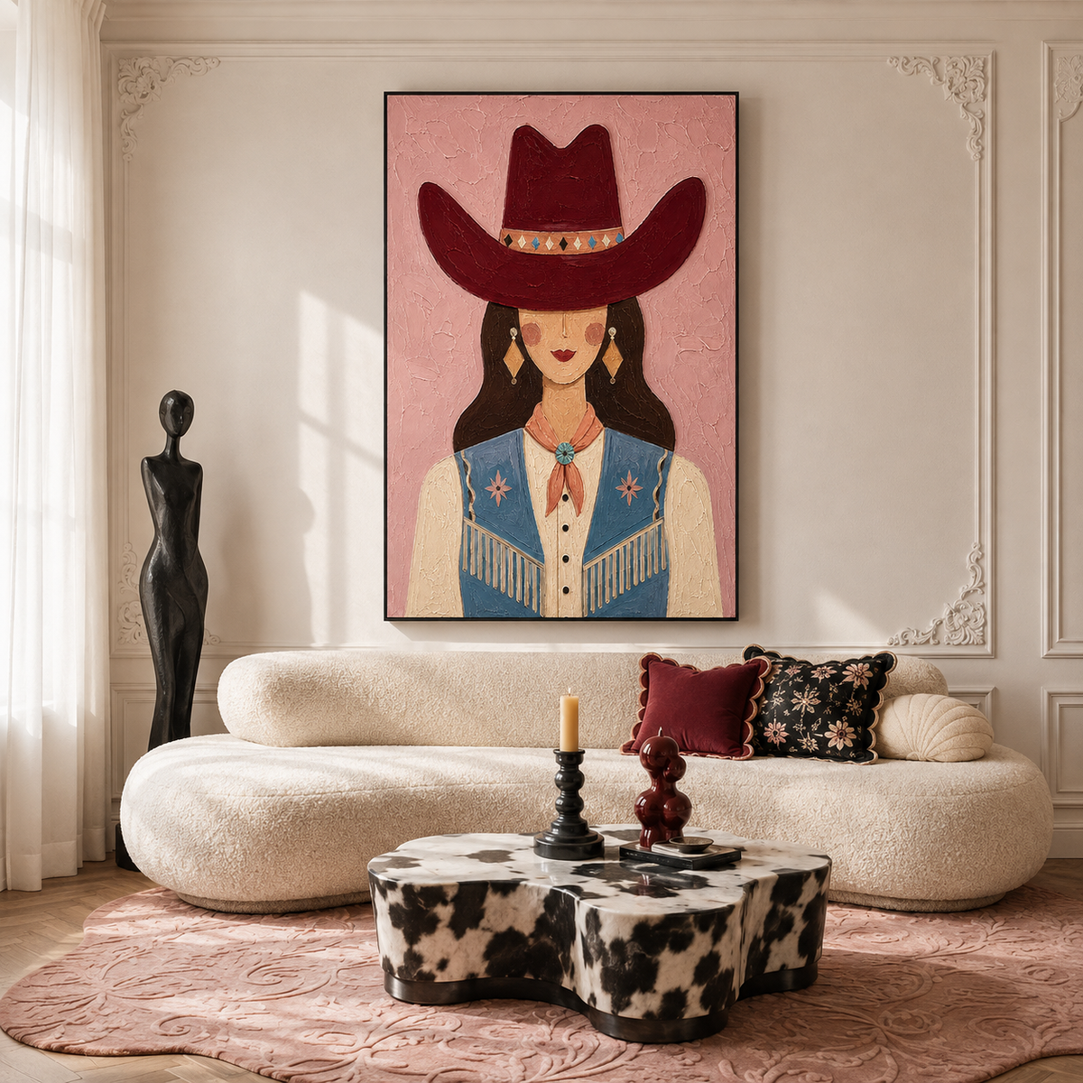 "Untamed Whimsy" – Contemporary Folk Art Pink Cowgirl Impasto Painting