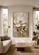 "Luminous Bloom" - Gilded White Magnolia 3D Sculptural Impasto Acrylic Painting with Gold Leaf Accents