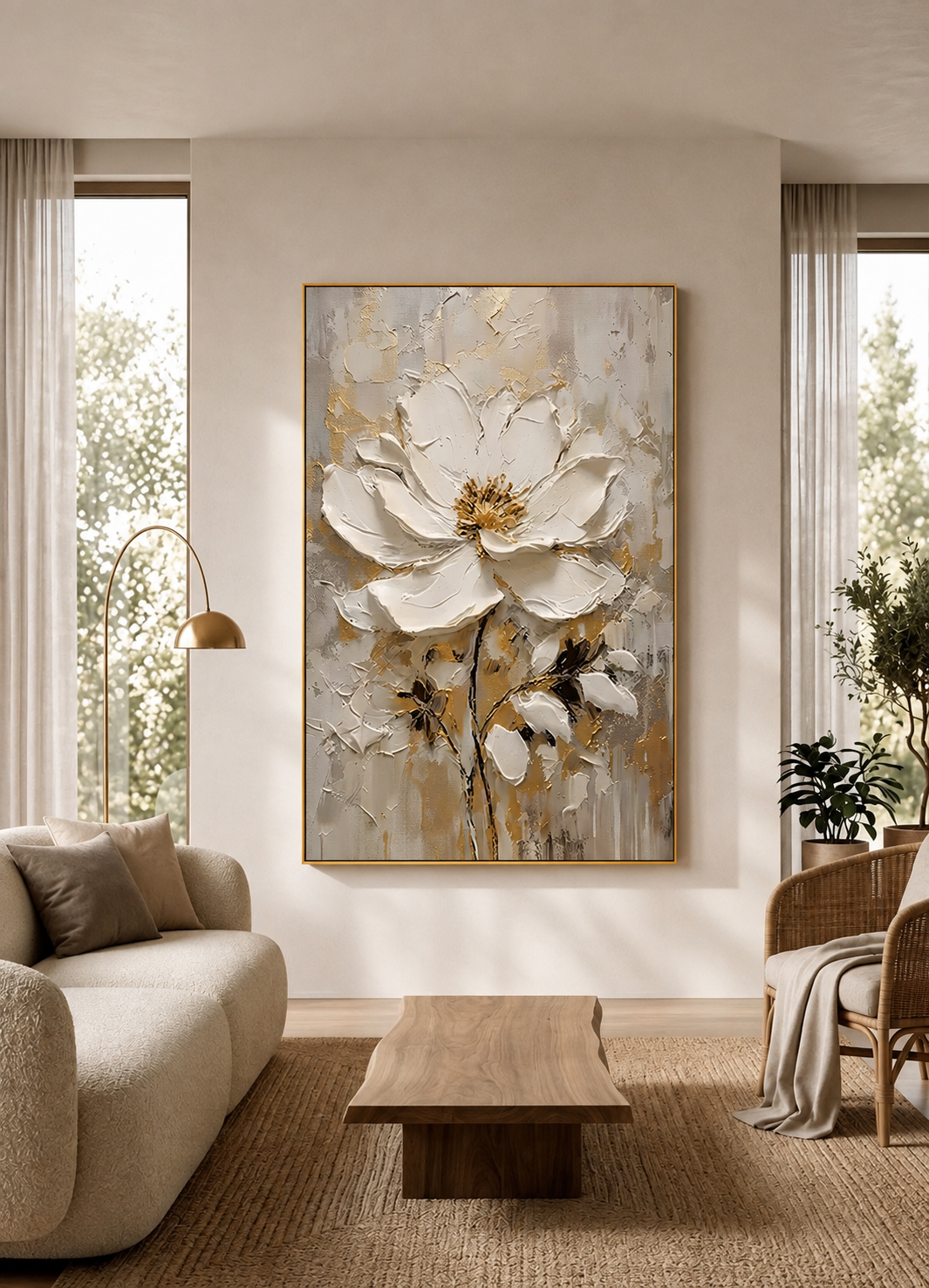 "Luminous Bloom" - Gilded White Magnolia 3D Sculptural Impasto Acrylic Painting with Gold Leaf Accents