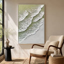 "Romantic Tides"—A Minimalist Coastal Acrylic Painting with Sage Green Textured Waves