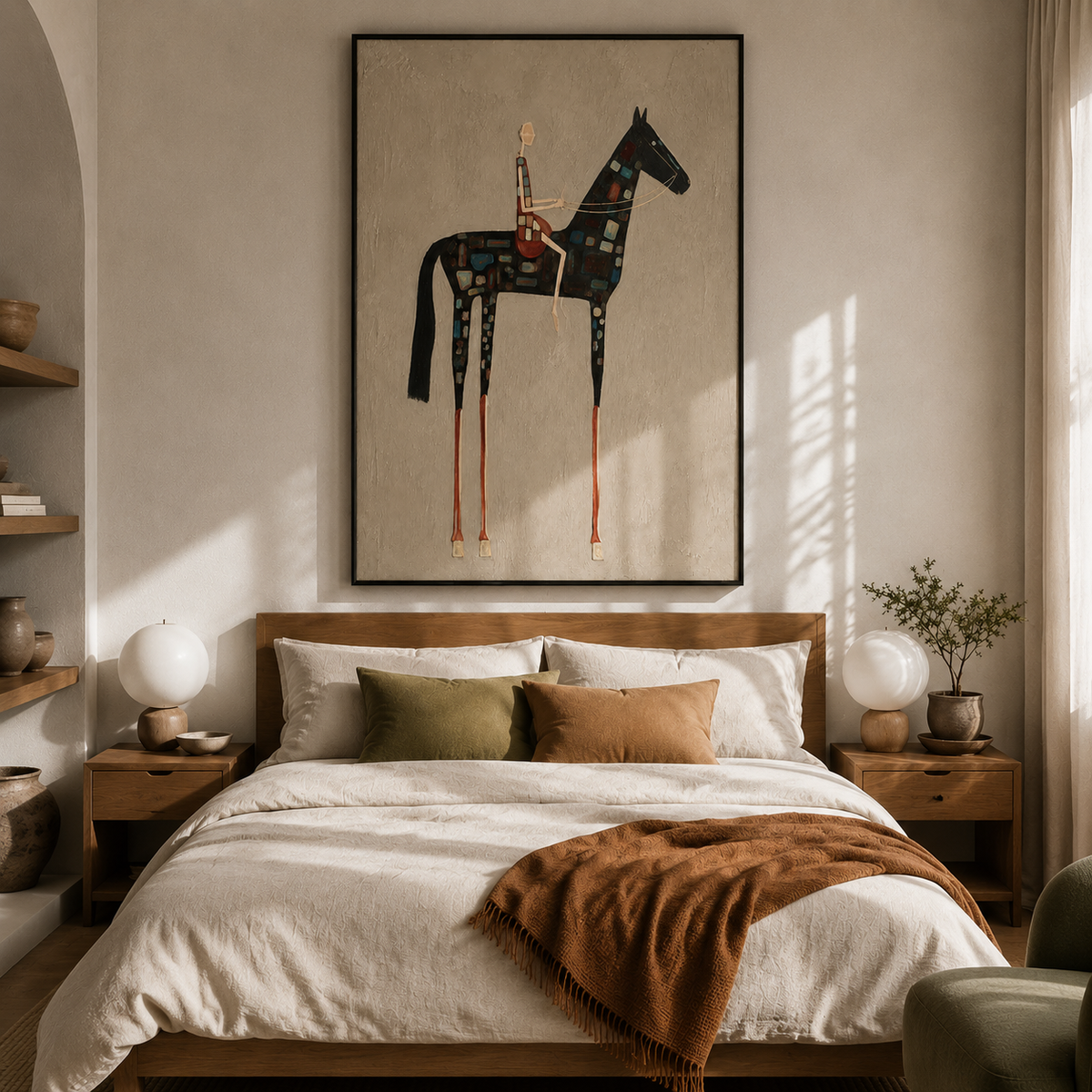 "Mosaic Stride" – Folk-Surrealist Elongated Horse Beige Impasto Oil Painting