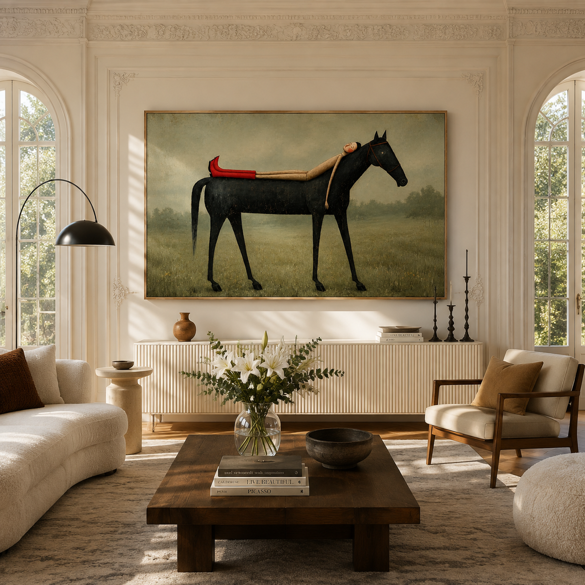"The Long Nap" – Folk-Surrealist Muted Field Painting with Red Boots