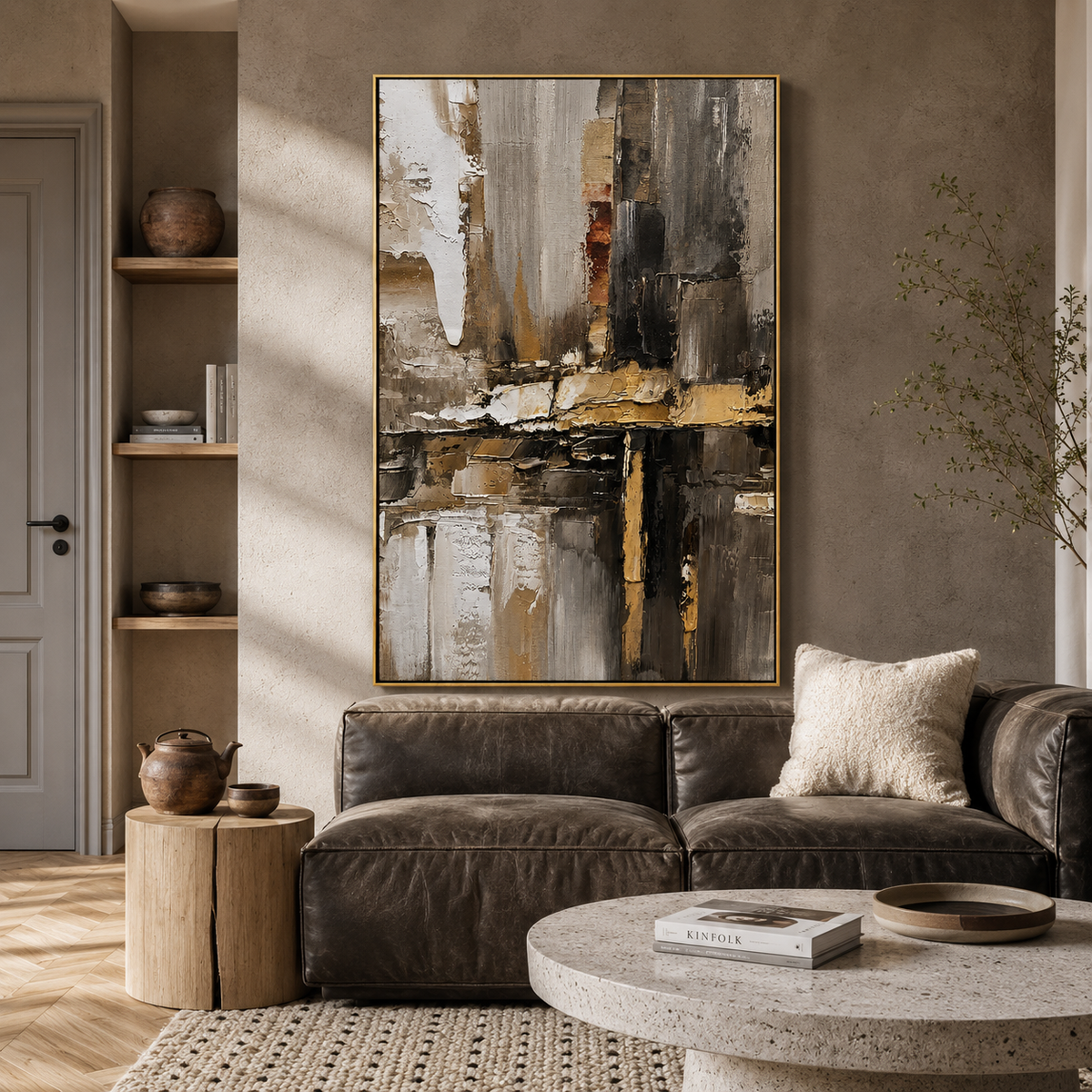"Urban Relic" – Industrial Black Gold Textured Abstract Painting