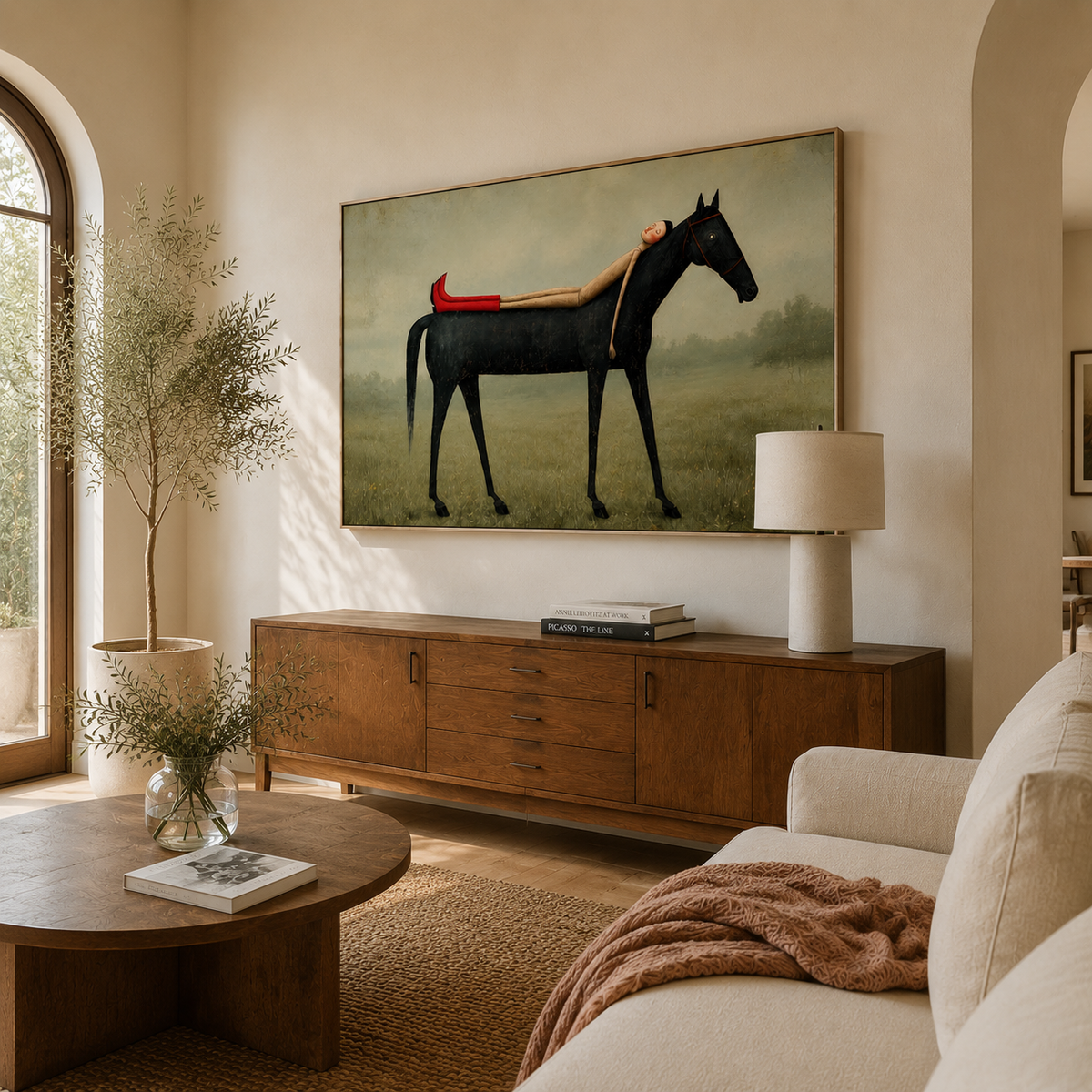"The Long Nap" – Folk-Surrealist Muted Field Painting with Red Boots