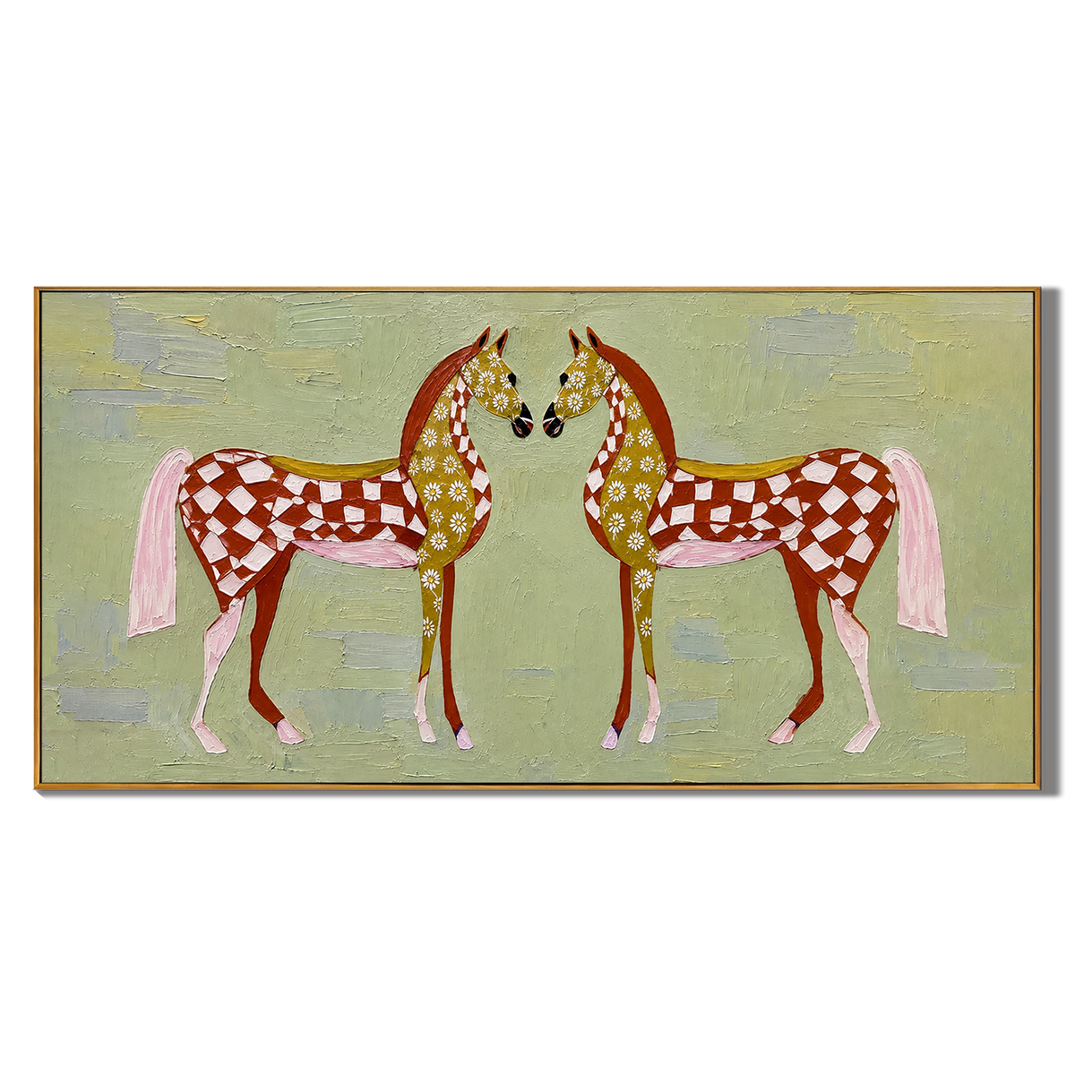 “Meadow Heart Horses” – Whimsical Folk Horse Impasto Oil Painting