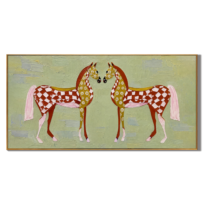 “Meadow Heart Horses” – Whimsical Folk Horse Impasto Oil Painting