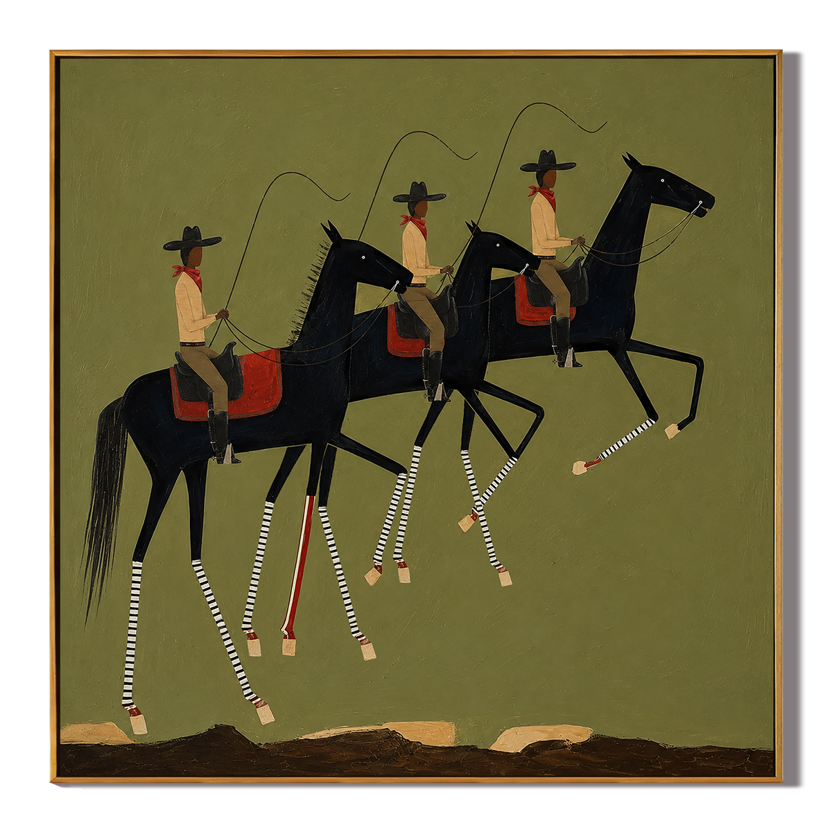 "Riders in Rhythm" – Western Cowboy Horse Parade Oil Painting in Olive Green