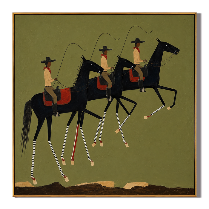 "Riders in Rhythm" – Western Cowboy Horse Parade Oil Painting in Olive Green