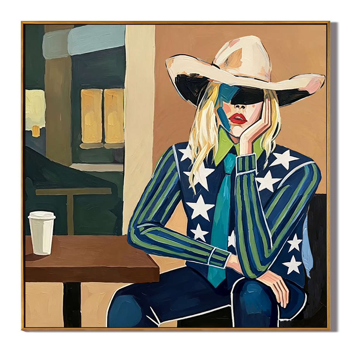 "Urban Cowgirl Muse" – Modern Western Woman Oil Painting in Navy and Teal