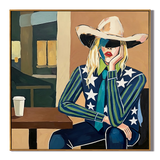 "Urban Cowgirl Muse" – Modern Western Woman Oil Painting in Navy and Teal