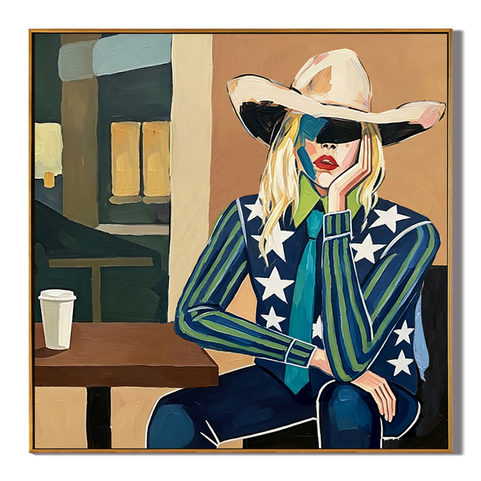 "Urban Cowgirl Muse" – Modern Western Woman Oil Painting in Navy and Teal