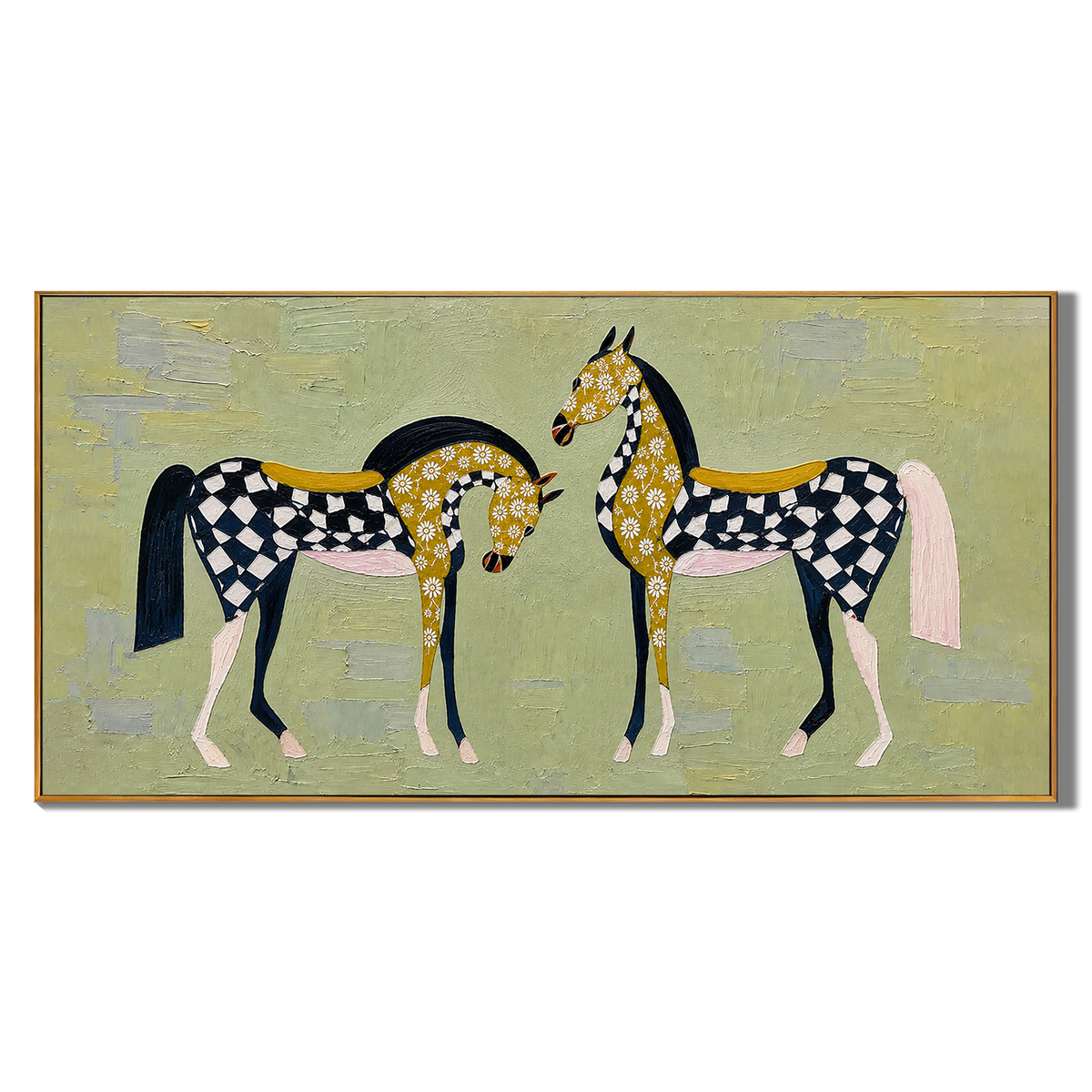 “Checkered Meadow Horses” – Whimsical Folk Horse Impasto Oil Painting