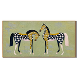 “Checkered Meadow Horses” – Whimsical Folk Horse Impasto Oil Painting