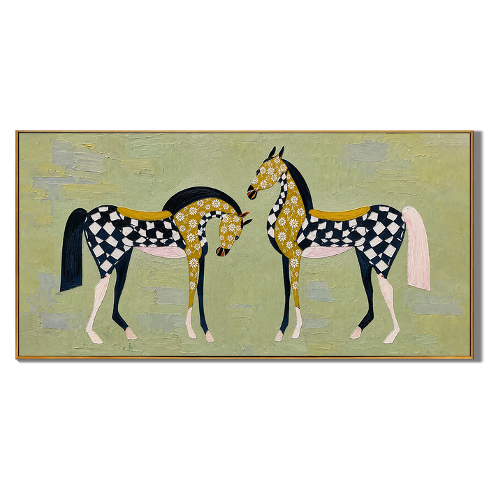 “Checkered Meadow Horses” – Whimsical Folk Horse Impasto Oil Painting