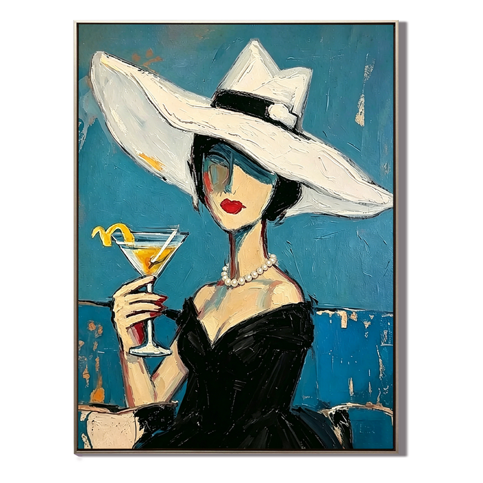 “Midnight Aperitif” – Elegant Lady Portrait Oil Painting in Blue and Black