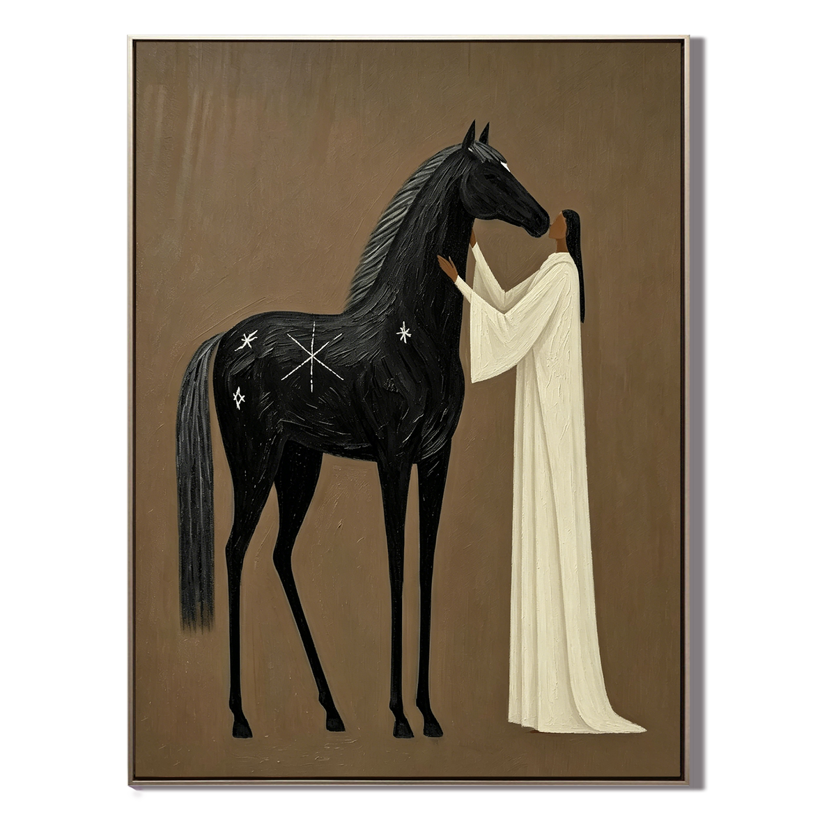 “Midnight Bond” – Mystical Black Horse Folk Art Oil Painting