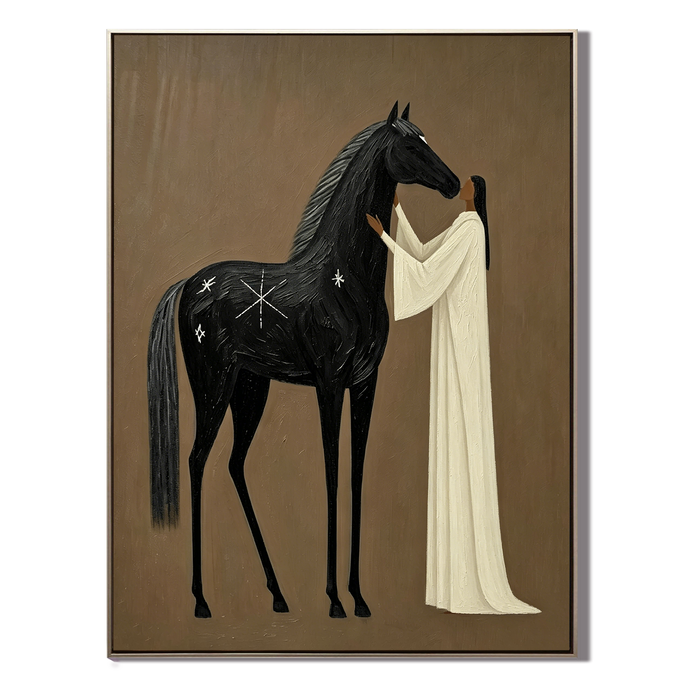 “Midnight Bond” – Mystical Black Horse Folk Art Oil Painting