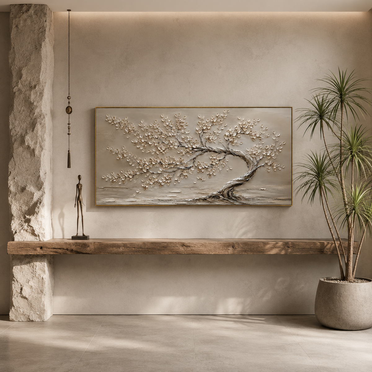 "Windswept Serenity" – Wabi-Sabi Neutral Textured Tree Oil Painting