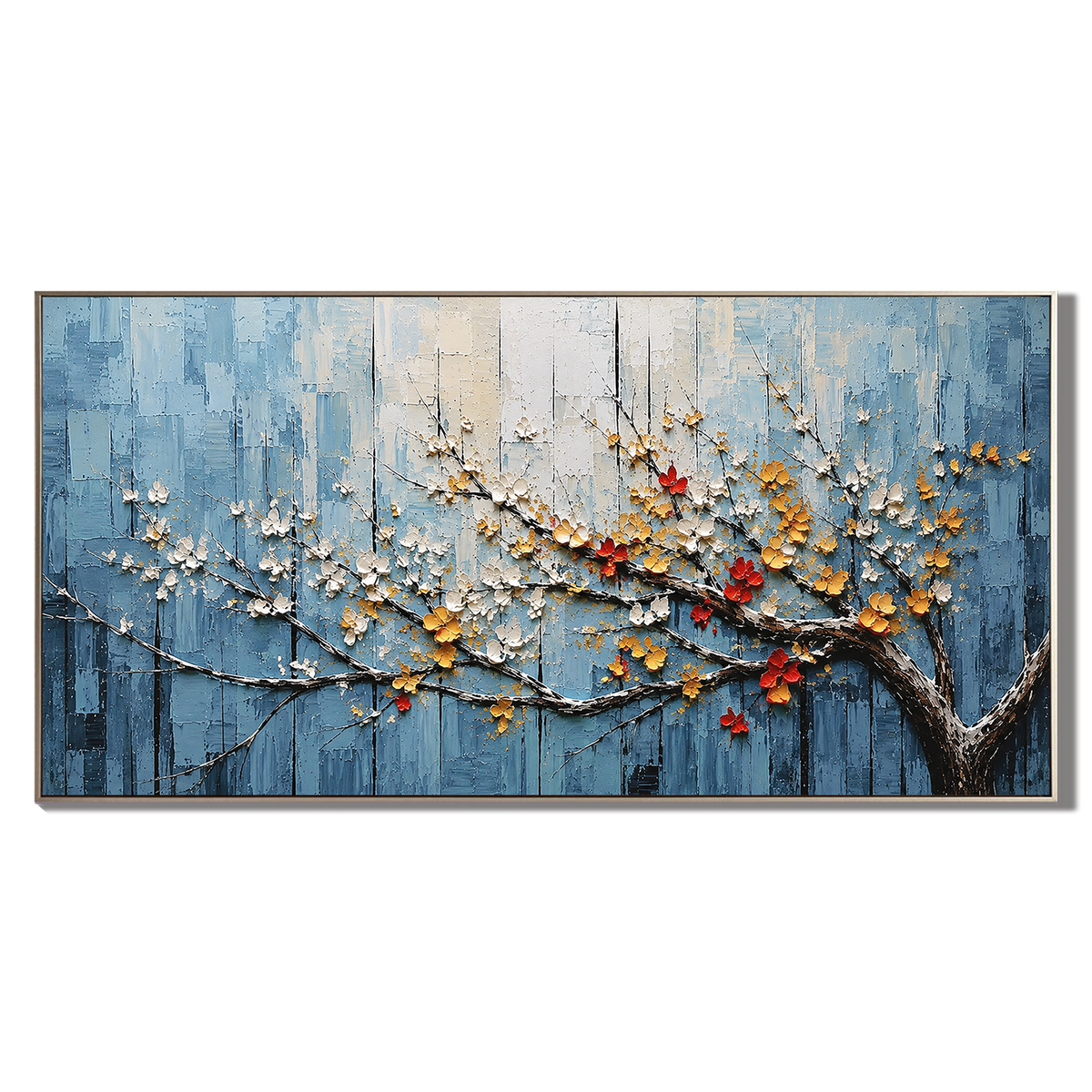 “Blossoms in Blue Silence” – Textured Floral Branch Oil Painting