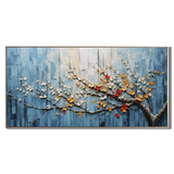 “Blossoms in Blue Silence” – Textured Floral Branch Oil Painting