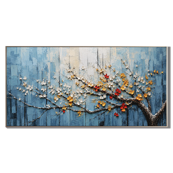 “Blossoms in Blue Silence” – Textured Floral Branch Oil Painting