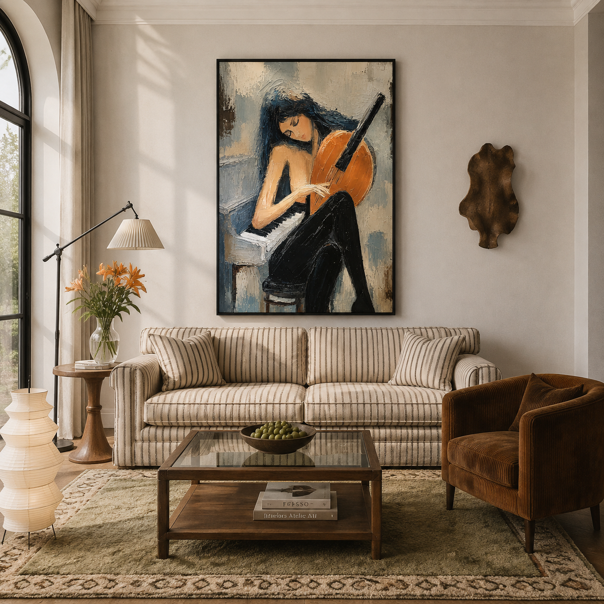 "Lyrical Solitude" – Figurative Musician Slate Blue Impasto Oil Painting