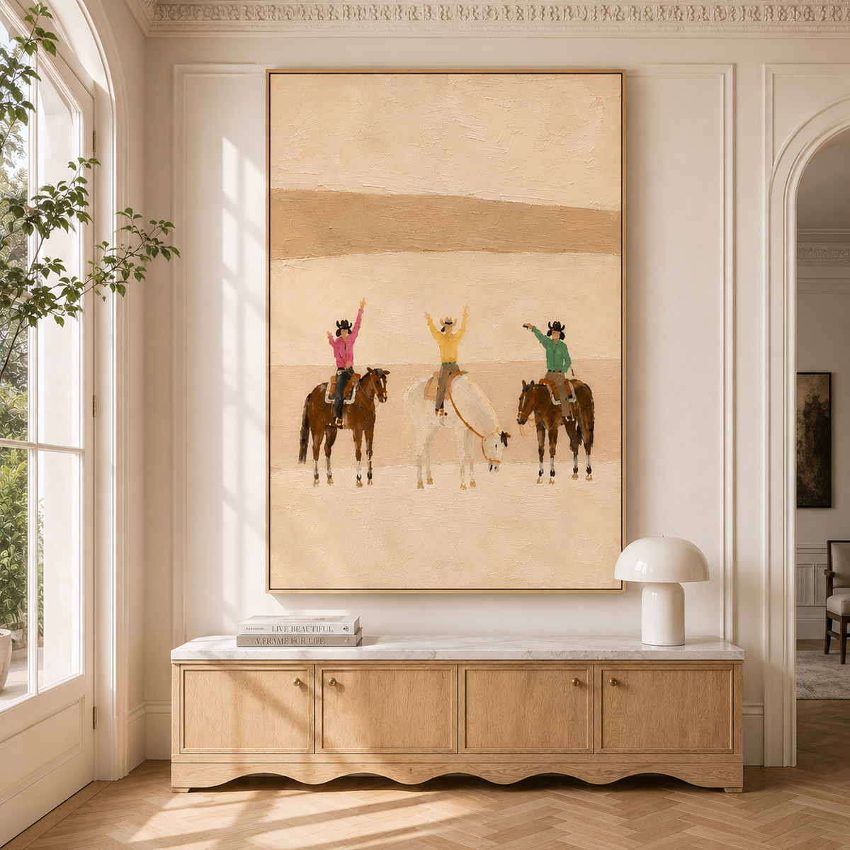 "Desert Adventure" – Modern Warm Neutral Impasto Cowgirls Trio Painting