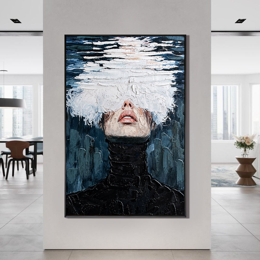 "Veiled Solitude" – Modern Impasto Monochrome Figurative Oil Painting
