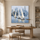 "Sailing the Skyline" – Modern Impressionist Blue and Gold Sailboat Palette Knife Painting