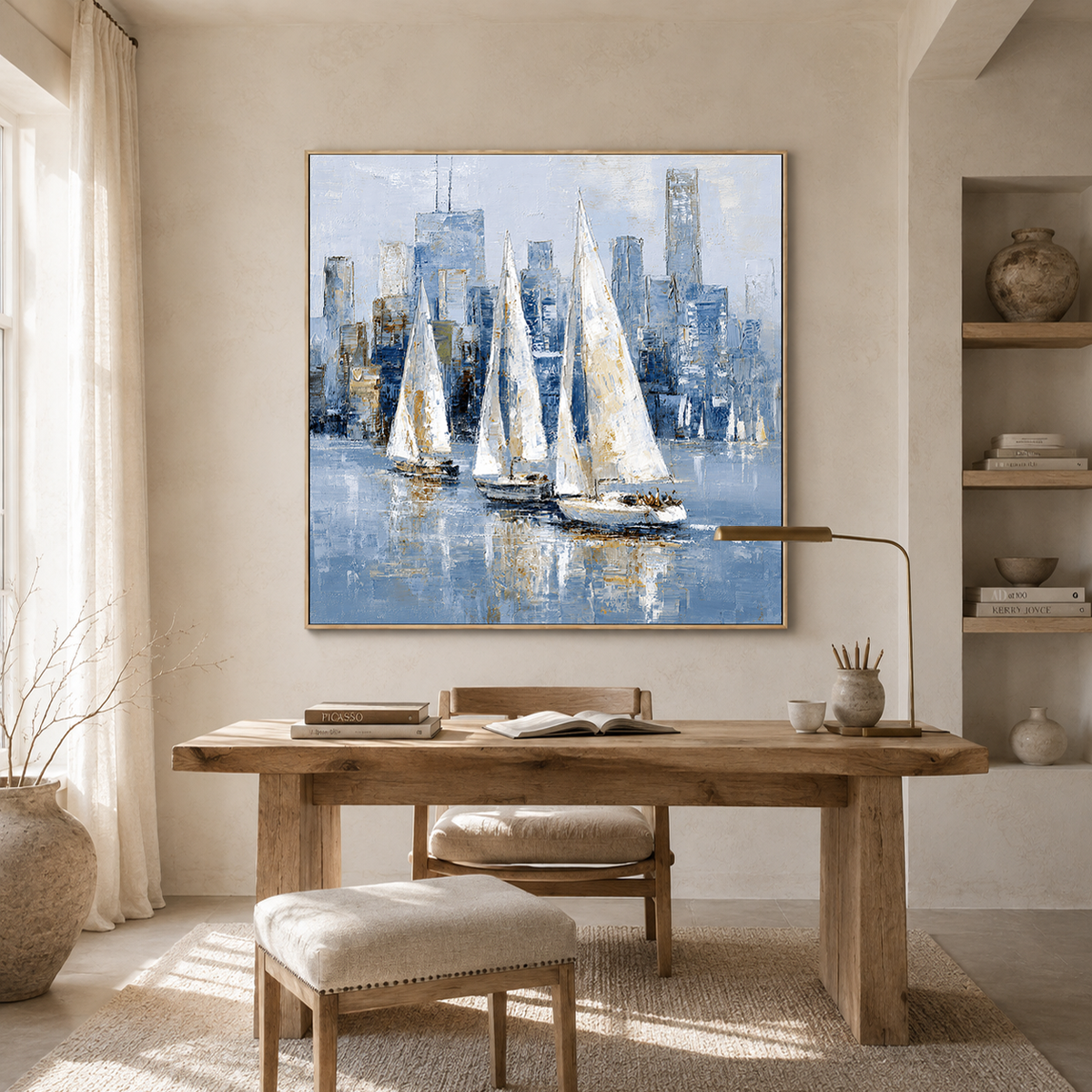 "Sailing the Skyline" – Modern Impressionist Blue and Gold Sailboat Palette Knife Painting
