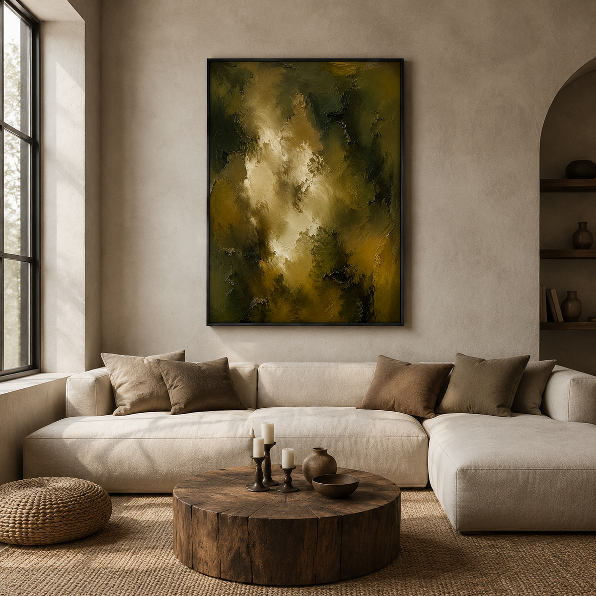 "Verdant Luminescence" – Wabi-Sabi Olive Green Bronze Impasto Oil Painting