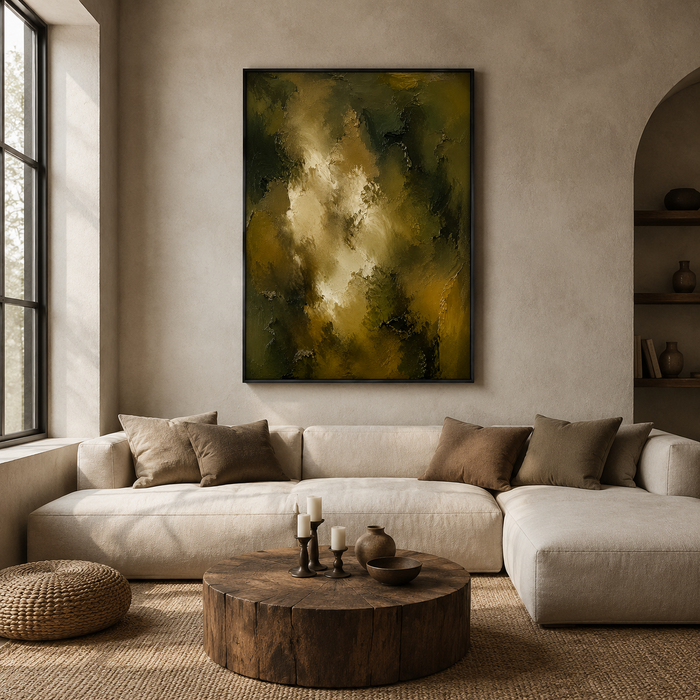 "Verdant Luminescence" – Wabi-Sabi Olive Green Bronze Impasto Oil Painting